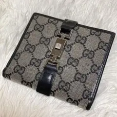 良品】グッチ 二つ折り財布 ジャッキー GG柄 キャンバス グレー レザー