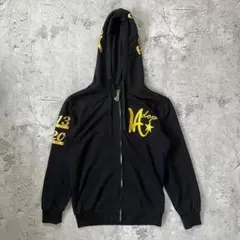 希少 LA刺繍 ジップアップパーカー S 黒金 Y2K B系 フーディー