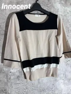 Innocent 配色ボーダーニット M 七分袖 ベージュ×黒 きれいめ 上品のサムネイル