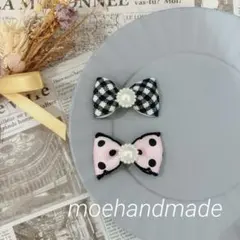 再販【数量限定】ブラックチェック・ピンクドット ヘアクリップ2点セット