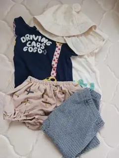 80〜90 Tシャツと5～7分丈パンツ、ブルマ、帽子　5点セットのサムネイル