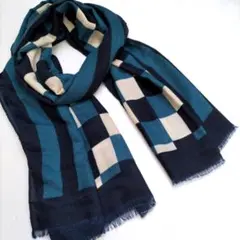 チェック+ストライプ　大判ストール　ブルー×黒×アイボリー　スカーフ