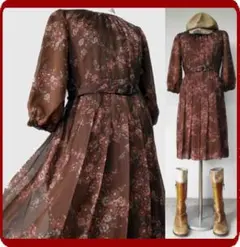 古着♪レトロ・茶花柄シフォン七分袖ワンピ♪70年代60年代ヴィンテージ