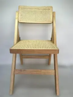 古家具ビンテージ品◾️籐ラタンパネル×木製フレーム 折りたたみ椅子 チェア B 今枝商店 籐 ラウンドチェア・テーブル ダイニング 3点セット