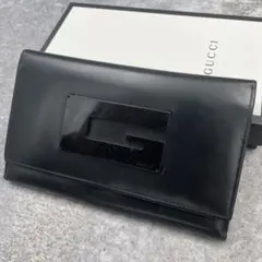 【美品】GUCCI グッチ　長財布　黒　ブラック　エナメル　デカロゴ　折り財布