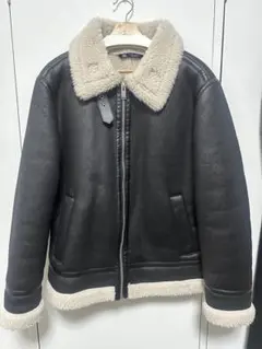 レザー ムートンコート ボア襟付き