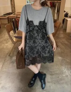 Dazy レース キャミレイヤードワンピース　半袖 ワンピース