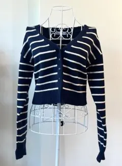 ZARA クロップド ニットカーディガン　ネイビー　ボーダー　Ｖネック