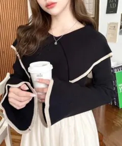 ライン配色ビッグカラーリブニットプルオーバー