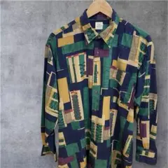 幾何学模様の長袖シャツ デザインシャツ　柄シャツ　レトロ　ヴィンテージ　L 古着
