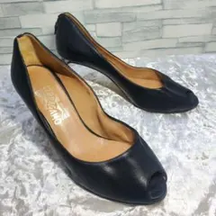 Ferragamo 24.5cm オープントゥパンプス 黒 ヴァラ 7.5C