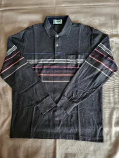 【Crocodile】 グレー ストライプ 長袖ポロシャツ メンズ Mサイズ