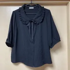 honeys ビッグカラー フリル リボン 半袖ブラウス シャツ 黒 ブラック