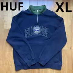 HUF ハーフジップトレーナー XL　スウェット　紺　青　刺繍　ハフ　襟付き