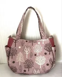 チューリップトートバッグ　くすみピンク　北欧森柄　ハンドメイド