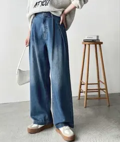 試着のみ　GeeRA ハイウエスト ダブルタック ワイドデニムパンツ ブルー