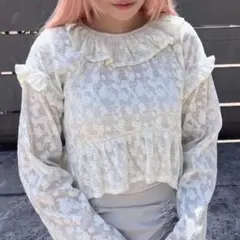 merryjenny ラメレースフリルカラーtops ガーリー　花柄　透ける 春