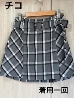 着用一回　台形　美品　グレー系チェックミニスカート ウエストベルト付き