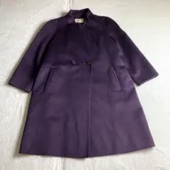 【ロングコート　カシミヤ１００％　ノーカラー　ダブルボタン　パープル　紫　美品】