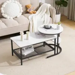 【新作登場】ネストテーブル 2点セット 入れ子式 1台3役 収納付き 大理石調