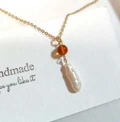 1692 琥珀とケシパールネックレス　ケシパールネックレス　ハンドメイド