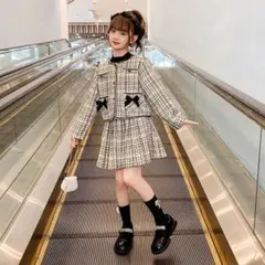 キッズ入学式スーツ2点セット小学校140卒園式ホワイト白ツイード女の子リボン韓国