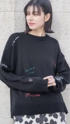 モチーフ＆レタリングニットプルオーバー　ニコアンド ブラック　L 刺繍