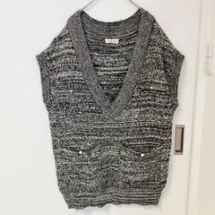 古着✨ツイード調 ニットベスト ジレ 38 M パールボタン グレー　あったかい