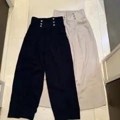 レディースネイビー &ベージュボタン付きワイドパンツセット