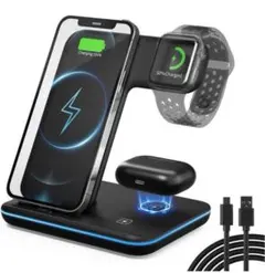 3in1 ワイヤレス充電器 Qi認証 15W出力 急速充電ワイヤレスチャージャー