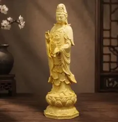 蓮華座 仏像 オブジェ観音菩薩立像 天然木製(柘植ツゲ) 観音像 木彫仏像のサムネイル