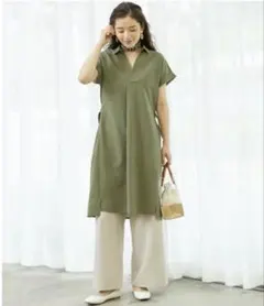 【美品】ロペピクニック　麻調スキッパーサックワンピース38