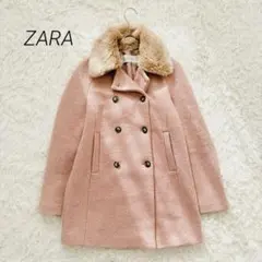 ザラ ピーコート ダブルボタン フェイクファー ポケット フェミニン ピンク