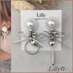 #948 リボンピアス/アシンメトリー/ハート/シルバー/ハンドメイド ピアス