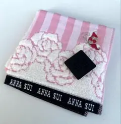 ANNA SUI タオルハンカチ ピンク ストライプ 薔薇 蝶刺繍　タグつきのサムネイル