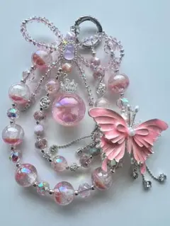 スマホストラップ ビーズ パール ピンク 蝶 キラキラ
