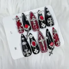 ♡ ゴテゴテ 地雷 十字架　黒　赤　ゴシック ネイルチップ 現品 ♡