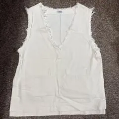 FLASH BLUE アイボリー Vネックフリンジベスト M