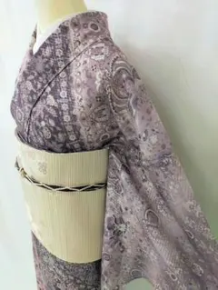 夏単衣キモノ 正絹 お召し紗 くすみパープル金通し 単品 - メルカリ