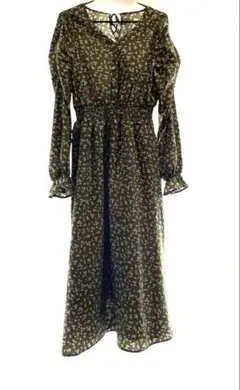 オリーブグリーン 花柄 ロングワンピース 長袖