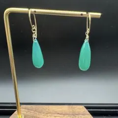 【作家物】天然石グリーンオニキス ロングドロップピアス 14kgf星形キャッチ付