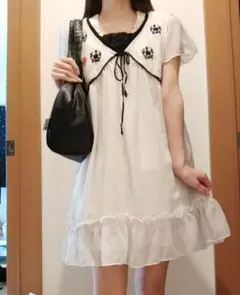 森ガール　フェアリーグランジ　フリル　ドット柄　ワンピース