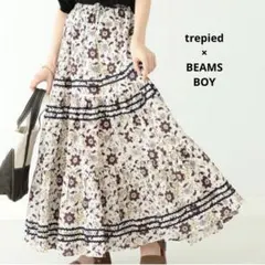 トレピエ×ビームスボーイ　ブロック プリント フレアマキシスカート　ティアード