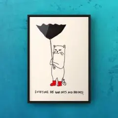 ★A4フレーム付き★オリジナル アートポスター RAIN CAT 猫 インテリア