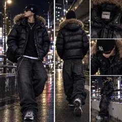 ✨y2k✨ キャンプセブン ダウンジャケット 短 肉厚 光沢 ファー 黒 平成
