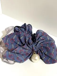 リボン型シュシュ パールチャーム付き 2個