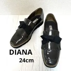 DIANA ローファー 24 エナメル 厚底 リボン 日本製 ブラウンカーキ