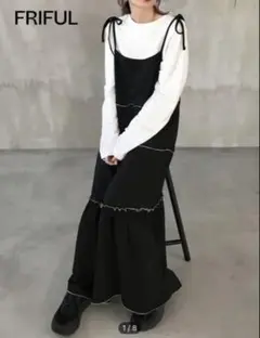 FRIFUL 黒のロング スリップドレス、コントラストステッチ Sサイズ