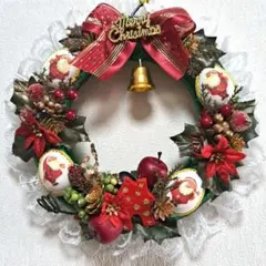 クリスマスリース サンタクロース　装飾ベル付き　No.4　ハンドメイド