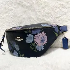 美品 コーチ ボディバッグ ウエストバッグ 花柄 ネイビー レザー 金具 ロゴ